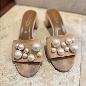 Timeless Pearl-Studded Suede Block Heel Sandals – Made in Italy – Size 38